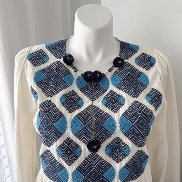 Figue Lucie White Blue Embroidered Pom Pom Long Balloon Sleeves Boho Mini Dress - Picture 4 of 13